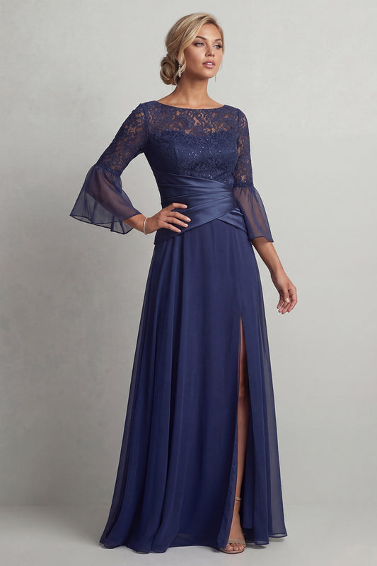 Navy Ruched A Line Boat Neck Long Mother of the Bride Dress with Slit