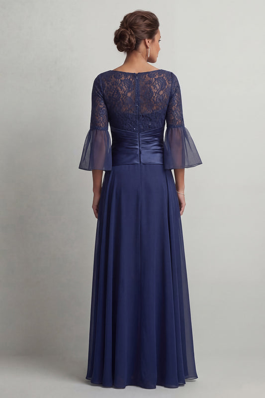 Navy Ruched A Line Boat Neck Long Mother of the Bride Dress with Slit