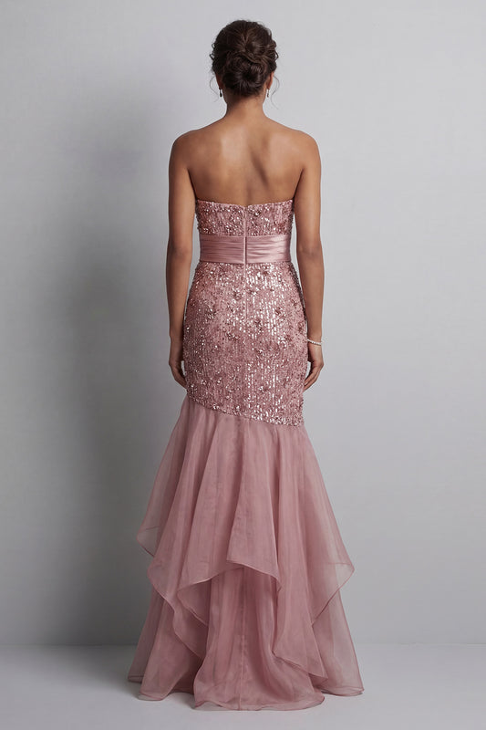 Sparkly Dusty Rose Mermaid Sequin Long Mother of the Bride Dress with Ruffles