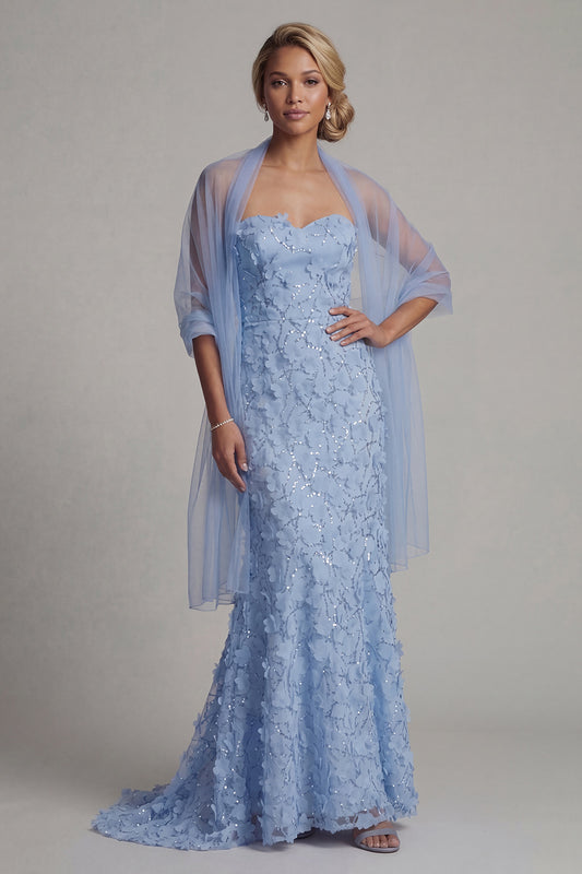 Sparkly Sky Blue Mermaid Floral Beaded Long Mother of the Bride Dress with Shawl