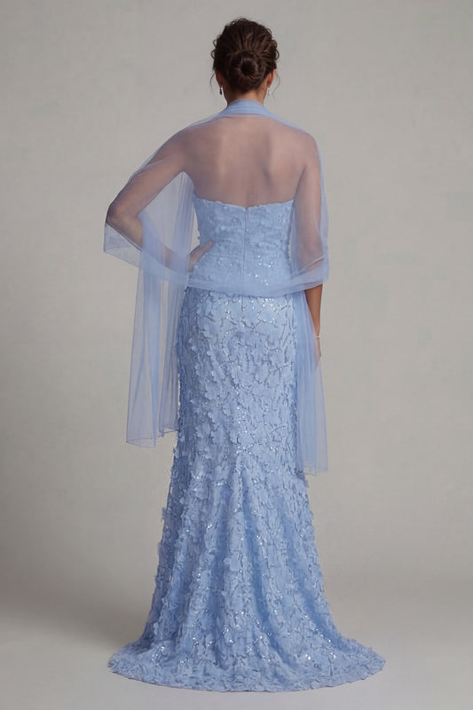 Sparkly Sky Blue Mermaid Floral Beaded Long Mother of the Bride Dress with Shawl