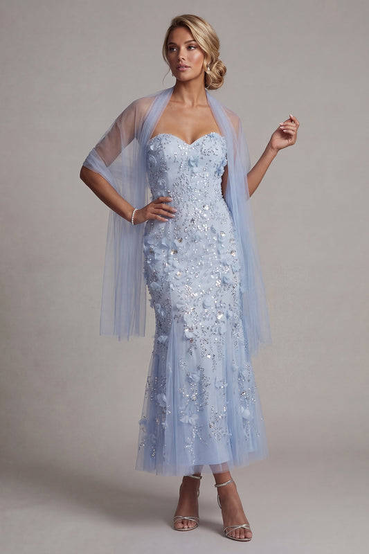 Floral Maxi Sparkly Sky Blue Mermaid Sequin Mother of the Bride Dress with Shawl