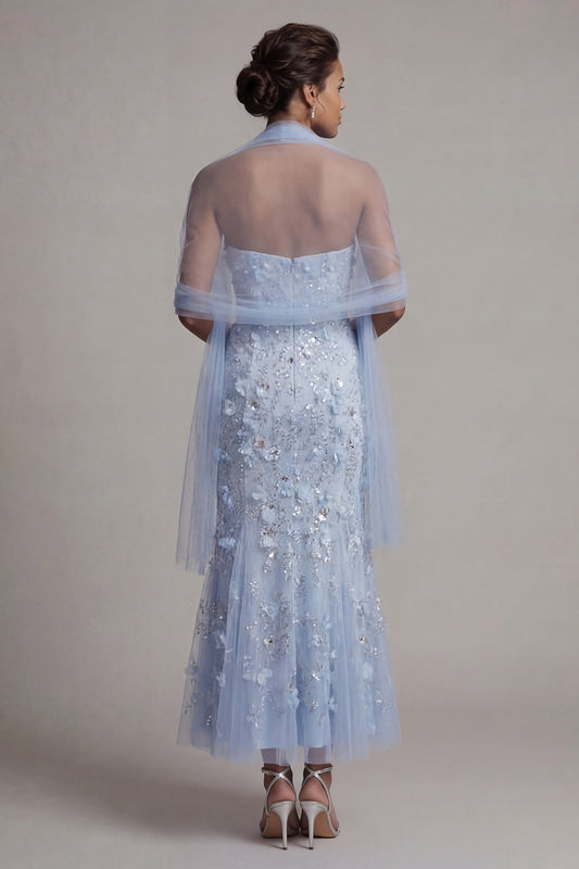 Floral Maxi Sparkly Sky Blue Mermaid Sequin Mother of the Bride Dress with Shawl