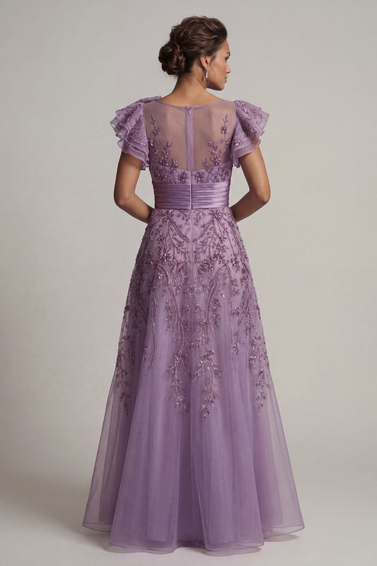 A Line Floral Long Purple Mother of the Bride Dress with Ruffles