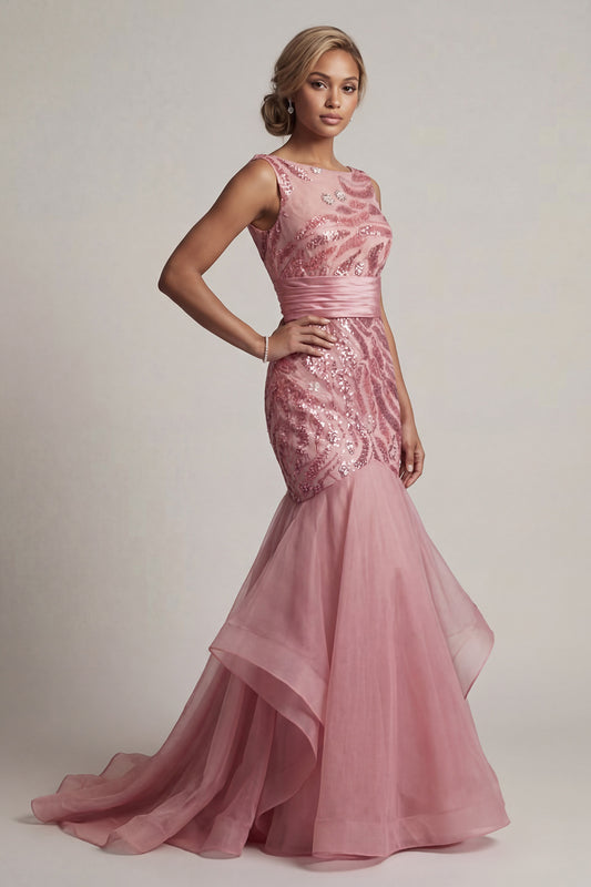 Sparkly Pink Long Mermaid Sequin Mother of the Bride Dress with Ruffles