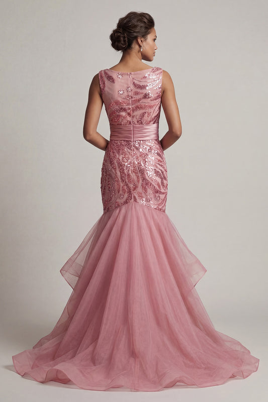 Sparkly Pink Long Mermaid Sequin Mother of the Bride Dress with Ruffles