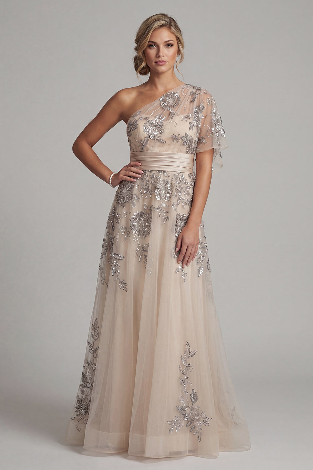 Zapakasa Women Champagne Floral Long Mother of the Bride Dress with Sequin One Shoulder Tulle A Line Wedding Guest Dress Zapakasa Women Champagne Floral Long Mother of the Bride Dress with Sequin One Shoulder Tulle A Line Wedding Guest Dress