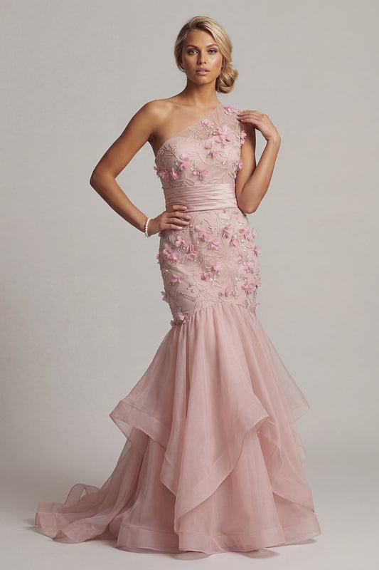 Floral Mermaid Long Blush Mother of the Bride Dress with Ruffles