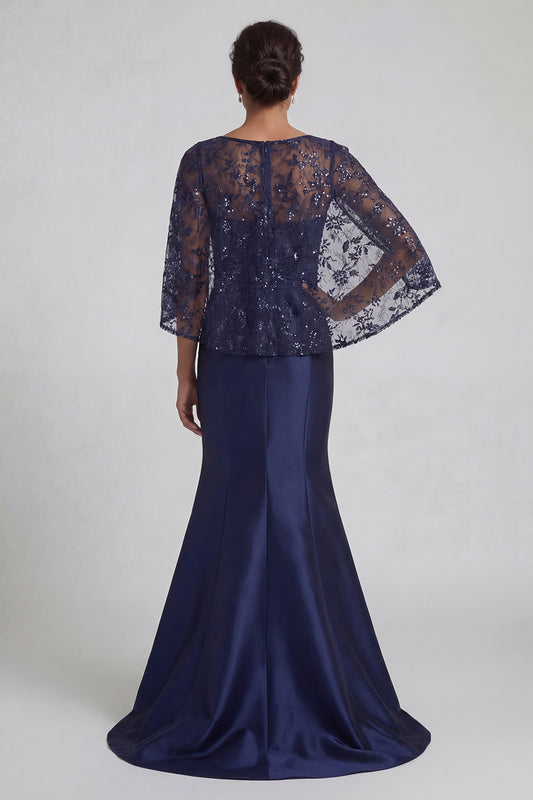 Floral Long Sparkly Navy Sequin Mermaid Mother of the Bride Dress with Cape