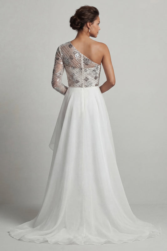 Sparkly White A Line Long Sequin Mother of the Bride Dress with Ruffles
