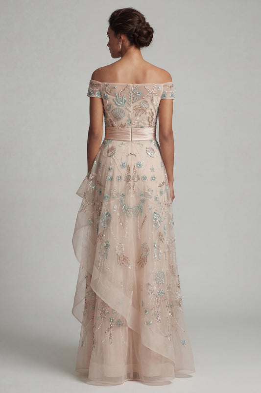 Blush Long A Line Floral Mother of the Bride Dress with Ruffles