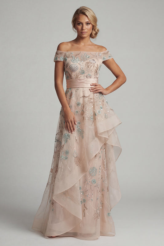 Blush Long A Line Floral Mother of the Bride Dress with Ruffles