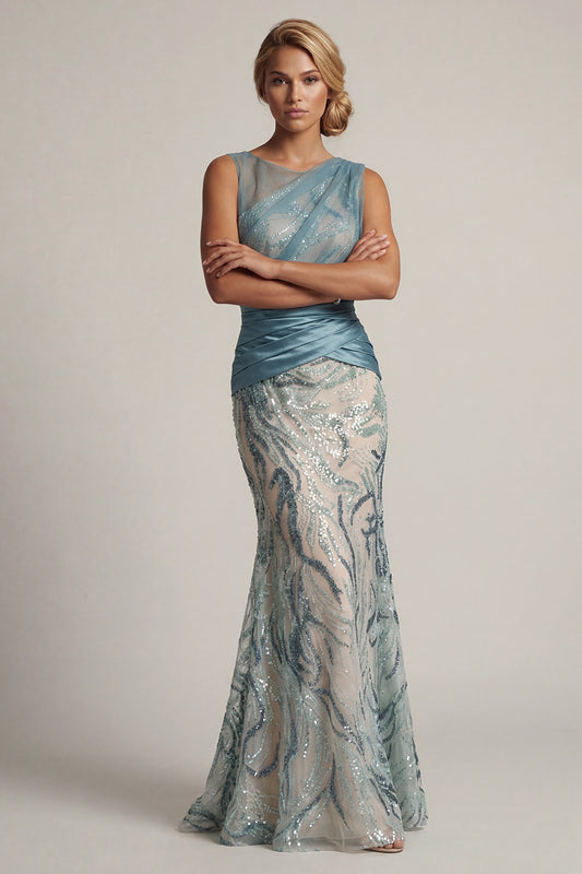 Sparkly Lake Blue Sequin Long Mother of the Bride Dress Ruched Round Neck Mermaid Wedding Guest Dress