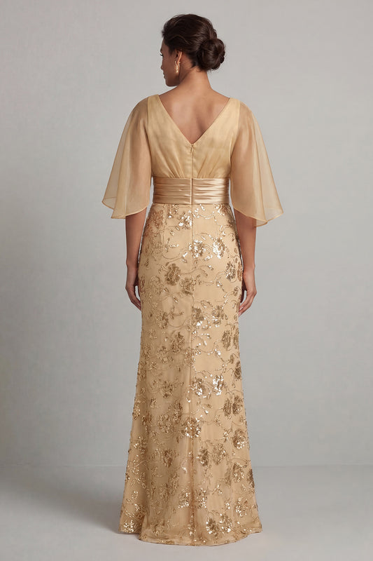 Long Mermaid Champagne Floral Mother of the Bride Dress
