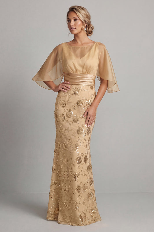 Long Mermaid Champagne Floral Mother of the Bride Dress