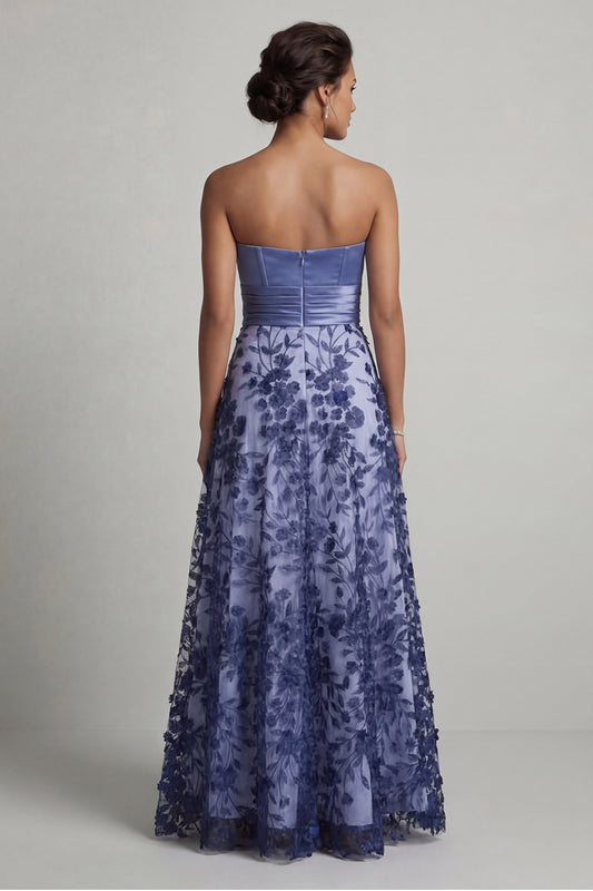 Floral Long A Line Navy Strapless Mother of the Bride Dress