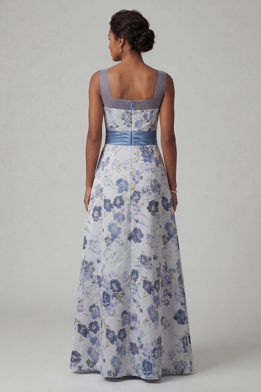 Long A Line Dusty Blue Floral Mother of the Bride Dress with Slit
