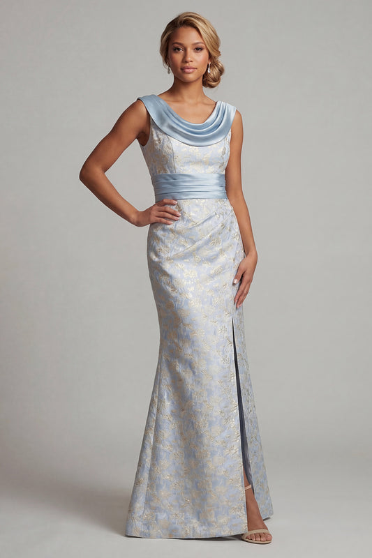 Long Light Blue Scoop Mermaid Mother of the Bride Dress with Slit
