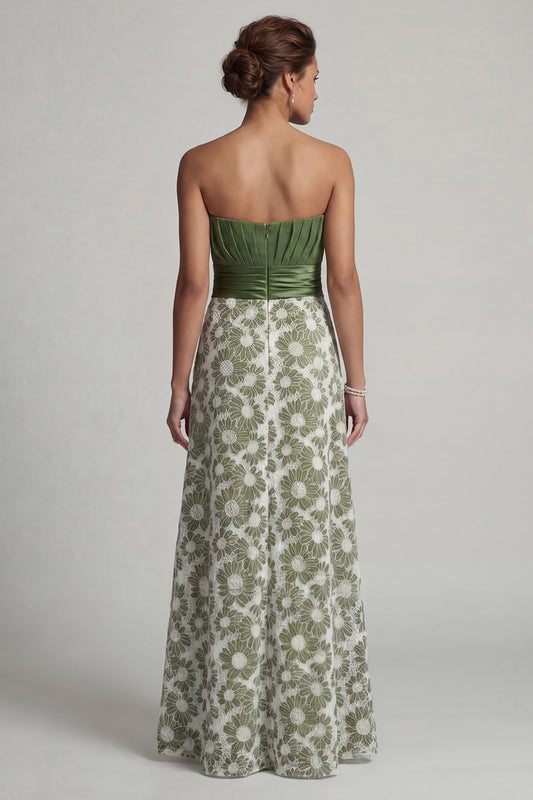 Long A Line Green Strapless Floral Ruched Mother of the Bride Dress