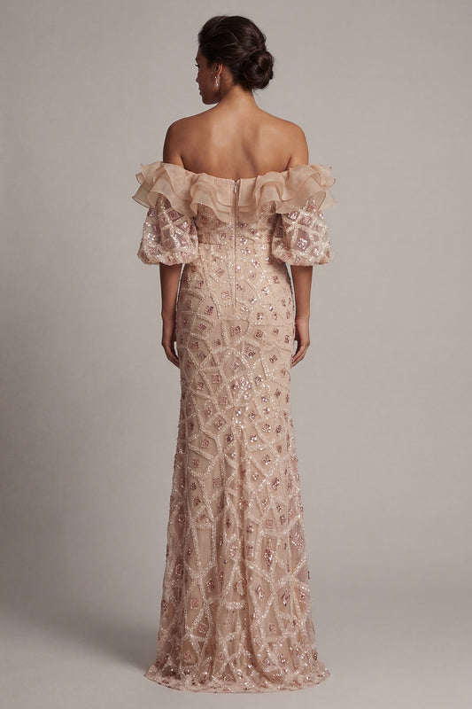 Sparkly Champagne Long Sequin Mermaid Beaded Mother of the Bride Dress with Ruffles