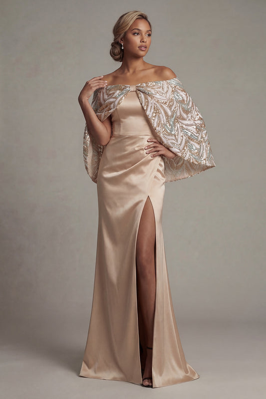 Long Sparkly Champagne Sequin Mermaid Mother of the Bride Dress with Cape