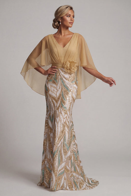Long Sparkly Champagne Sequin Mermaid 3D Flower Mother of the Bride Dress with Cape