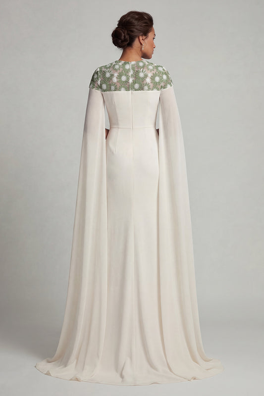 Floral Ivory Long Round Neck Mermaid Mother of the Bride Dress with Cape