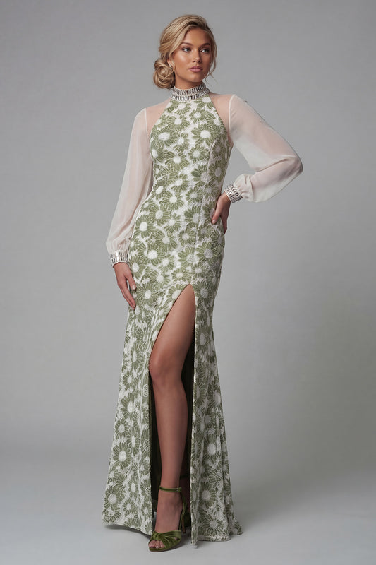 Floral Long Green Mermaid High Neck Mother of the Bride Dress with Slit