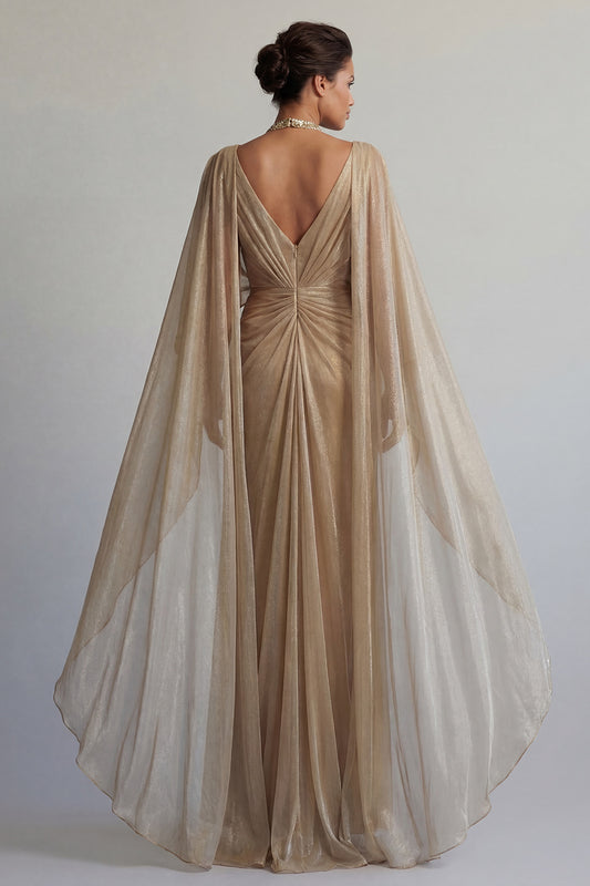 Sequin Long Sheath Sparkly Champagne Ruched Mother of the Bride Dress with Cape