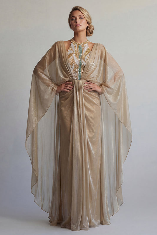 Sequin Long Sheath Sparkly Champagne Ruched Mother of the Bride Dress with Cape
