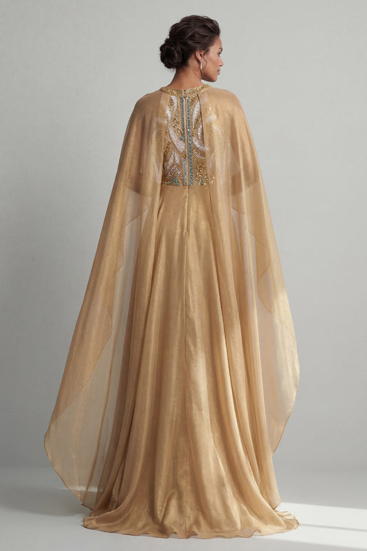 A Line Sequin Long Sparkly Champagne Mother of the Bride Dress with Cape