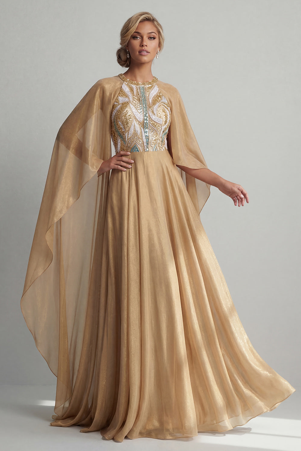 Zapakasa Women Sparkly Champagne Sequin Long Mother of the Bride Dress with Cape Round Neck A Line Wedding Guest Dress