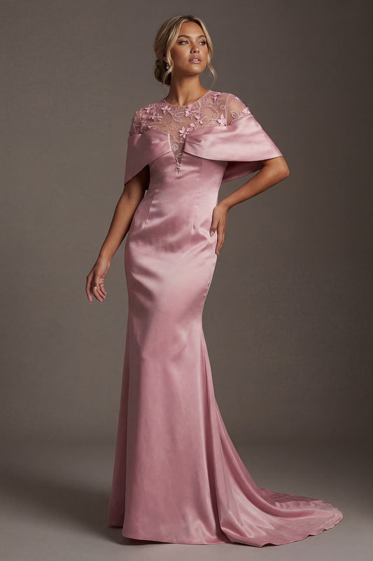 Floral Pink Mermaid Round Neck Long Mother of the Bride Dress