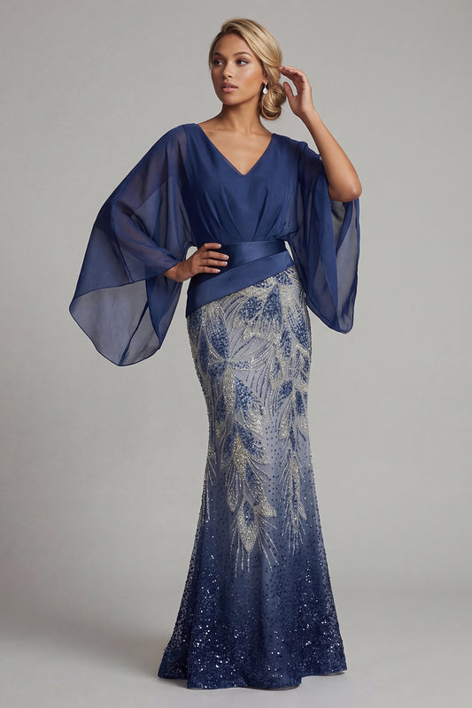 Sparkly Navy Flare Sleeves Long Mermaid Beaded Mother of the Bride Dress