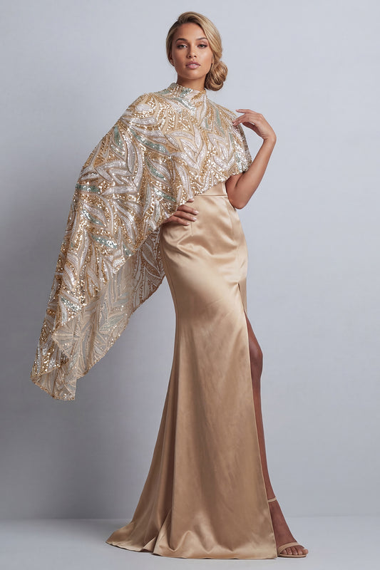 Sparkly Champagne Long Mermaid Beaded Mother of the Bride Dress with Cape