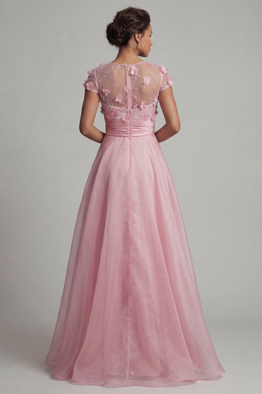 Short Sleeves Long A Line Pink Floral Mother of the Bride Dress