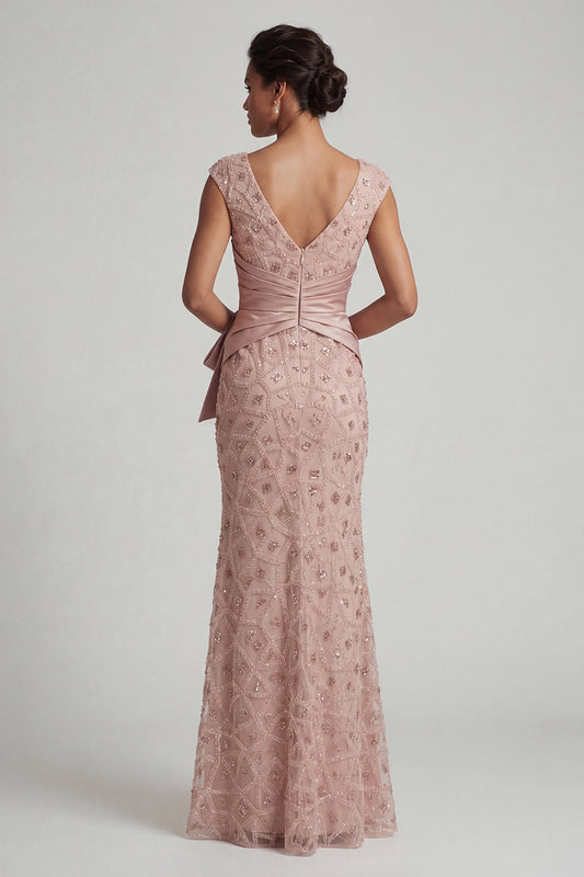 V-Neck Mermaid Ruched Long Sparkly Blush Beaded Mother of the Bride Dress
