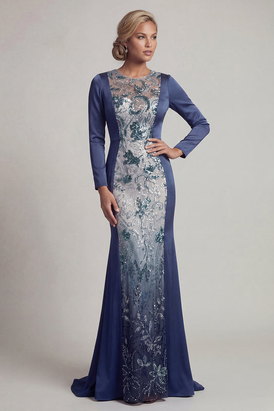 Mermaid Sparkly Navy Beaded Long Round Neck Mother of the Bride Dress