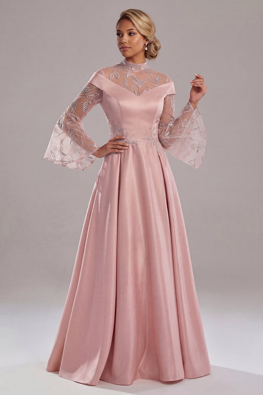 Long A Line Pink Flare Sleeves Mother of the Bride Dress
