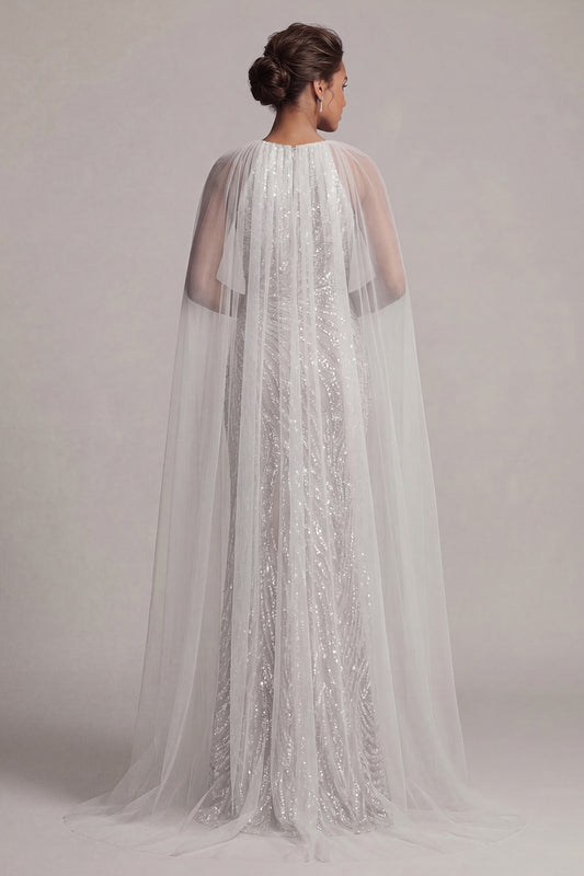 Sparkly Ivory Beaded Long Boat Neck Mermaid Mother of the Bride Dress with Cape
