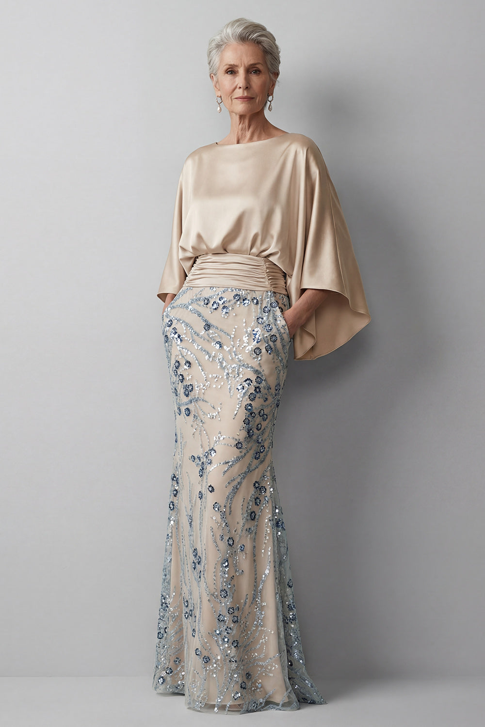 ZAPAKA Women Sequin Mother Of Bride Dress Long Sleeve Mermaid Champagne Ruched Bateau Neck Evening Dress, Champagne / US10