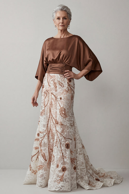 Coffee Lace Floral Long Mother of the Bride Dress Flutter Sleeves Ruched Boat Neck Mermaid Evening Dress