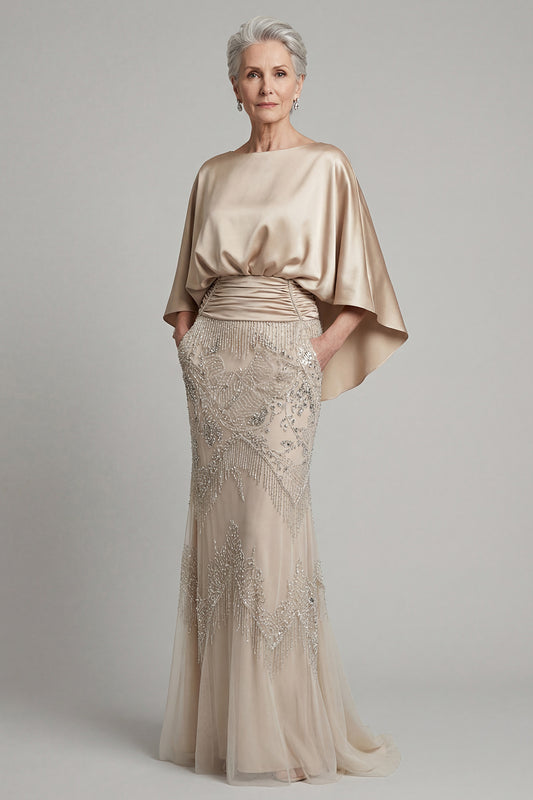 Sparkly Champagne Beaded Long Mother of the Bride Dress with Pockets Boat Neck Mermaid Ruched Evening Dress