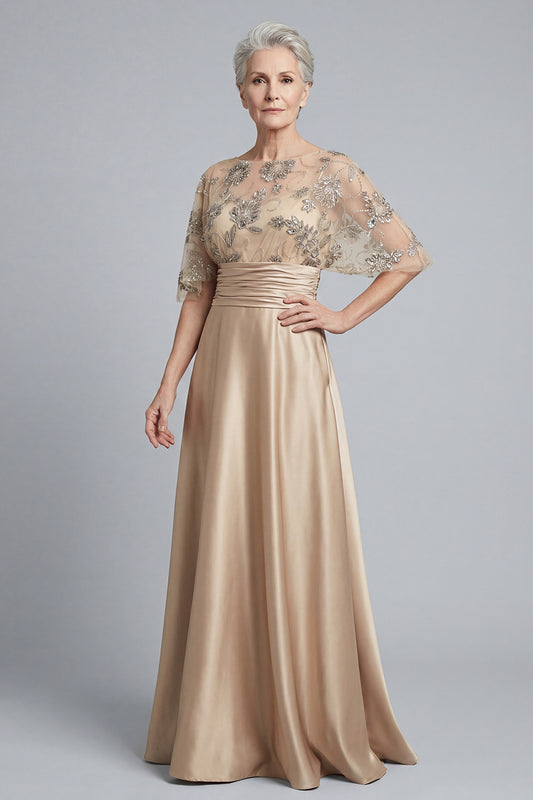 A Line Floral Sparkly Champagne Beaded Long Mother of the Bride Dress