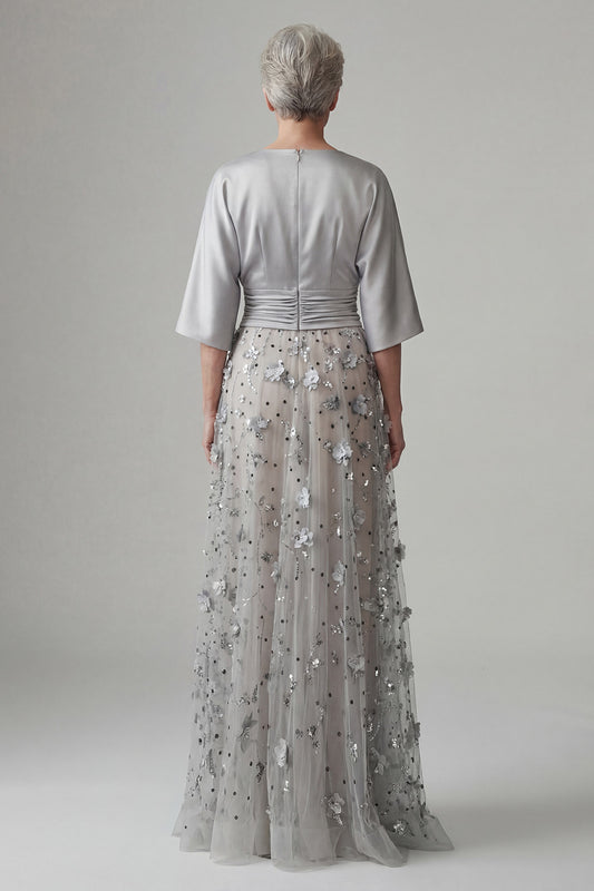 A Line Floral Sparkly Silver Sequin Long Mother of the Bride Dress