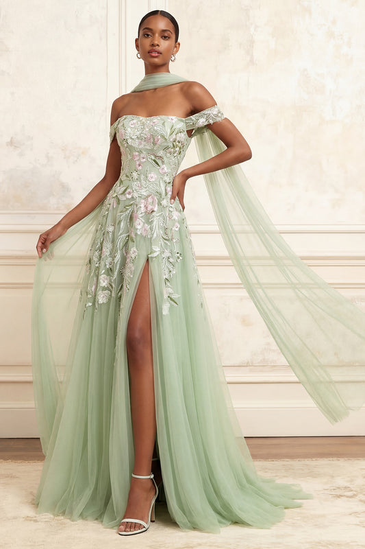 A Line Floral Dusty Sage Neck Scarf Long Prom Dress with Slit