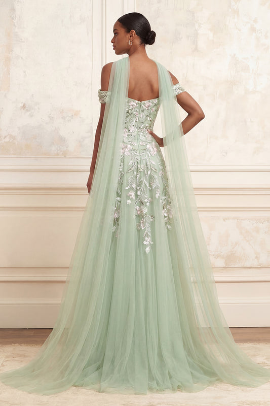 A Line Floral Dusty Sage Neck Scarf Long Prom Dress with Slit