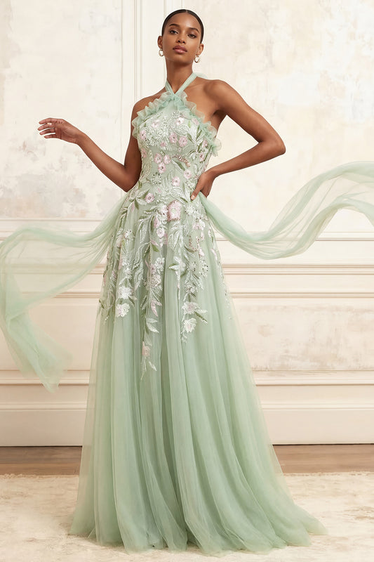 Floral Dusty Sage Halter Long A Line Prom Dress with Cape