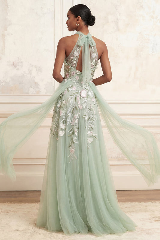Floral Dusty Sage Halter Long A Line Prom Dress with Cape