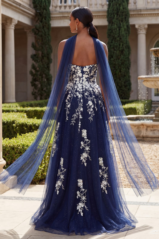 Long Neck Scarf A Line Floral Navy Glitter Prom Dress with Slit